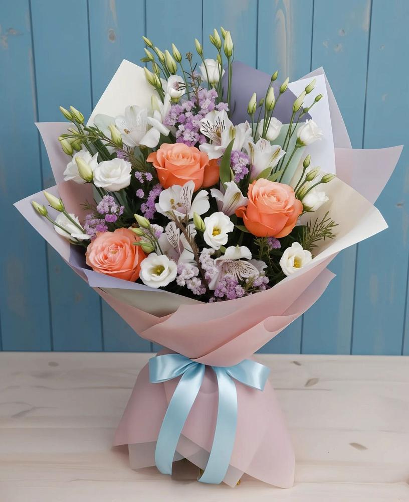 Букет цветов из: Лизиантусы, Розы, Альстромерии и Гипсофила в Тереньге
